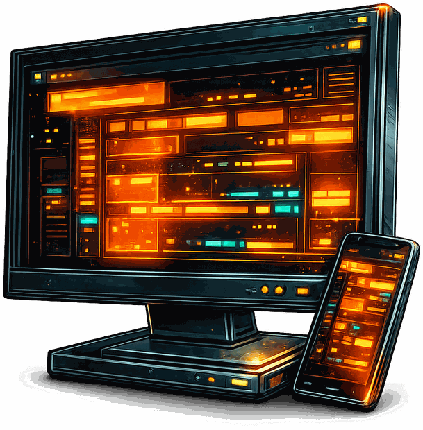 Illustrazione divisione Digital: monitor e smartphone con interfacce web