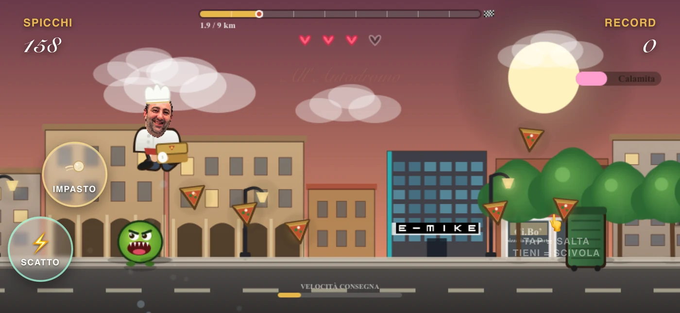 Ci.Bo' Run in gioco: il personaggio corre per Imola con la pizza, punteggio e ostacoli in alto