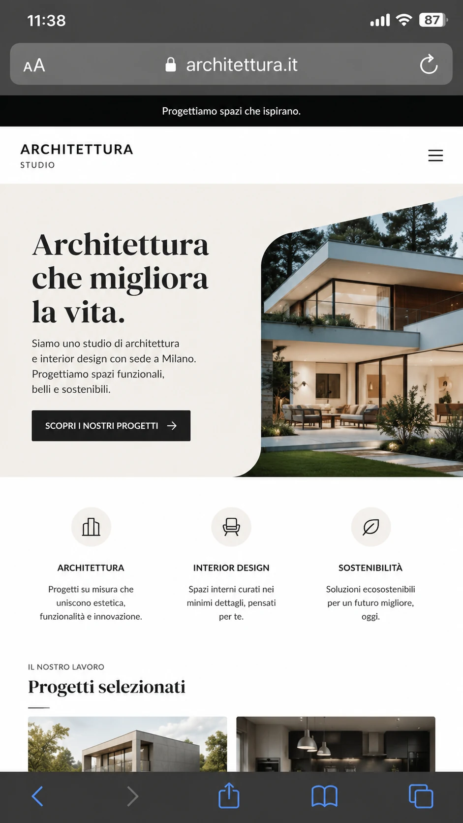 Un altro sito ottimizzato per il telefono: studio di architettura, una colonna, testo grande e leggibile