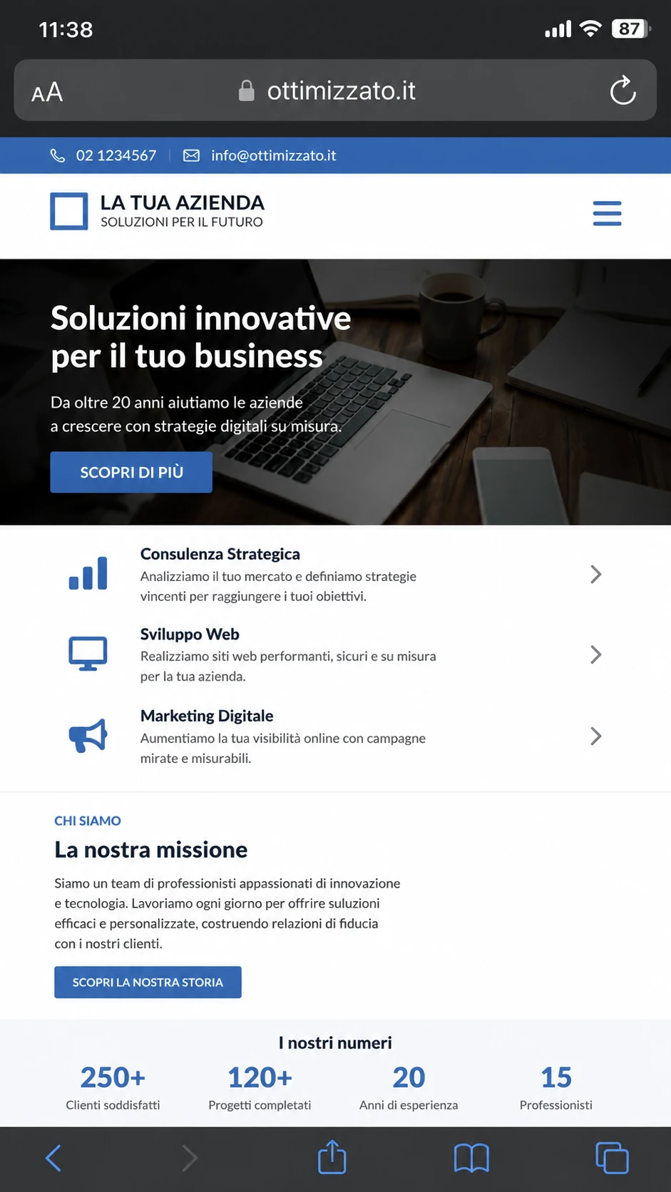 Dopo l'ottimizzazione: lo stesso sito a una colonna, testo grande, menu a hamburger e pulsanti comodi