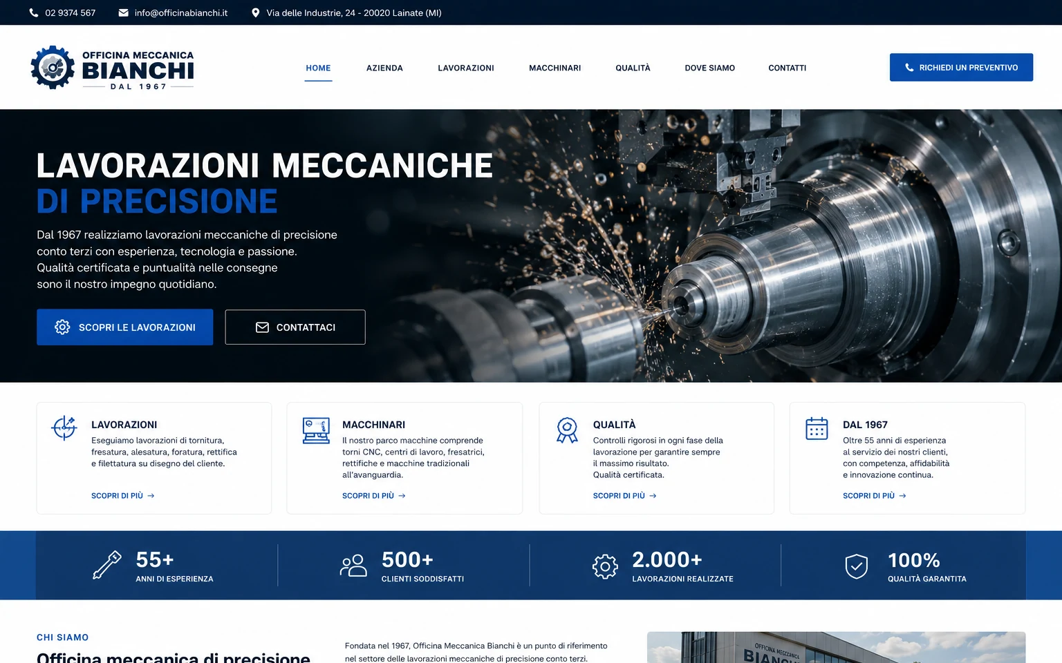 Dopo: lo stesso sito rifatto, moderno e leggibile, con hero grande, sezioni chiare e richiesta preventivo in evidenza
