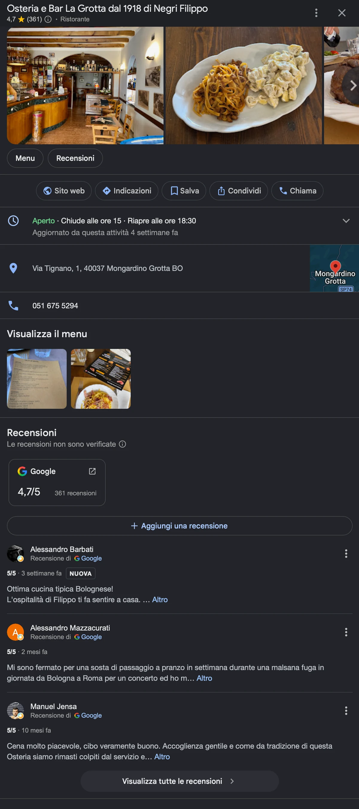 La scheda Google di un'attività cliente: trovata sulla mappa e sul sito