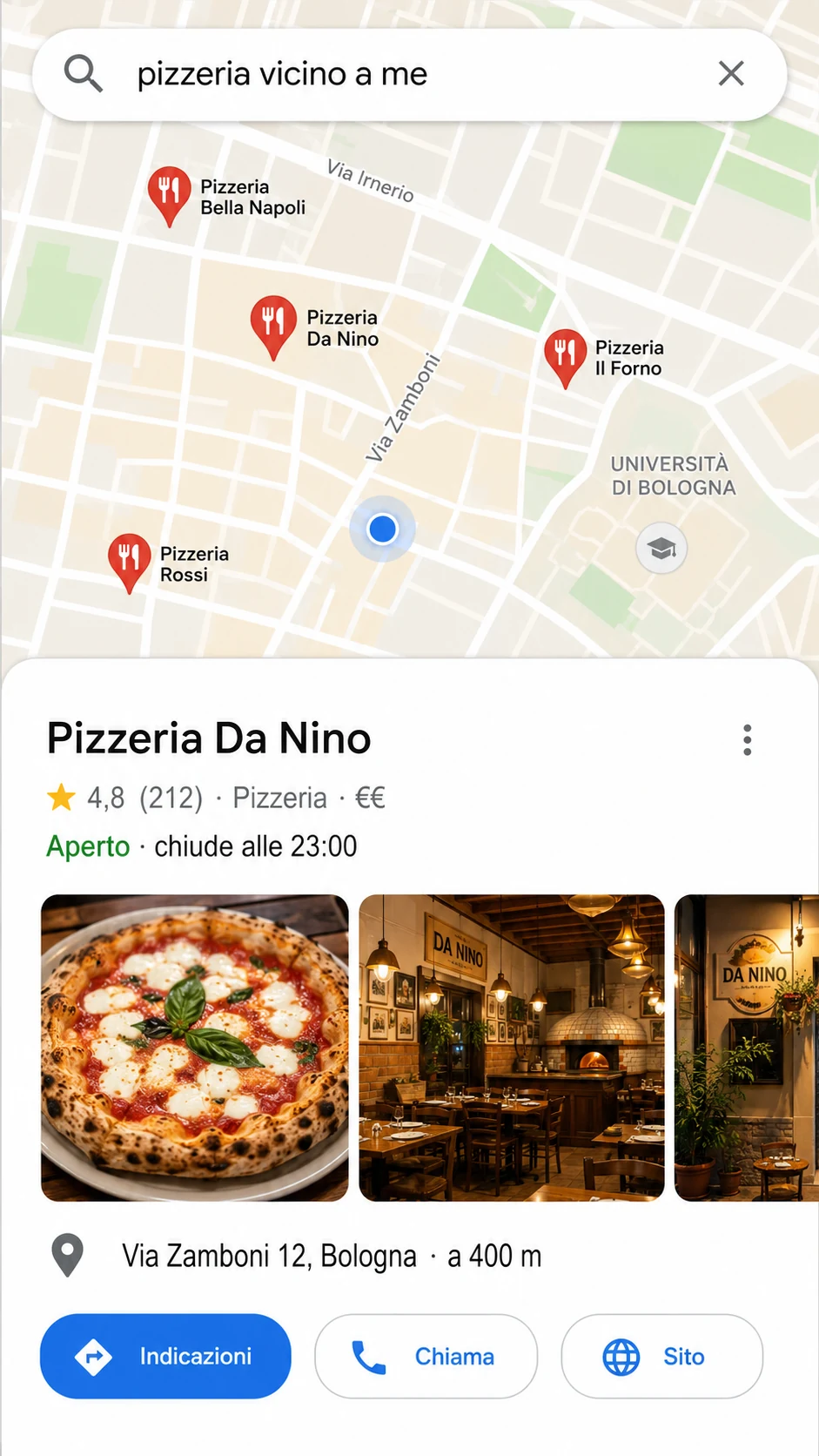 Una ricerca «pizzeria vicino a me» su Google Maps: la mappa con i locali vicini e la scheda completa di una pizzeria, con stelle, orari, foto e indicazioni
