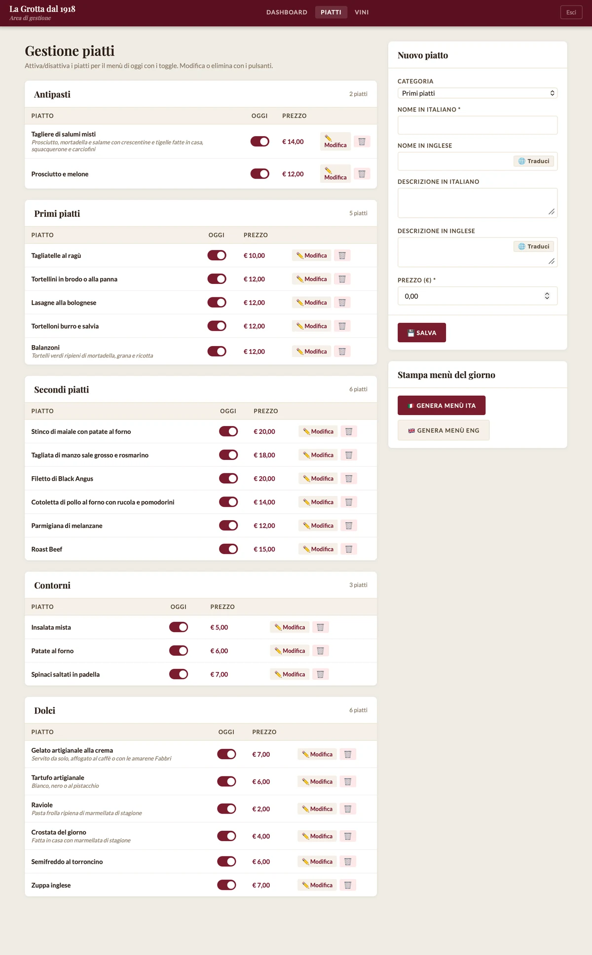 Area di gestione di un sito: pannello per aggiornare i contenuti da soli