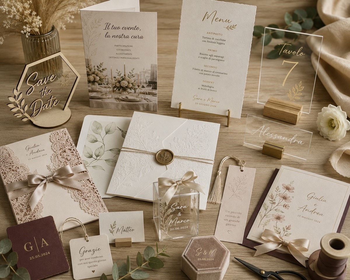 Coordinato per cerimonia: partecipazioni con ceralacca, menu, segnaposti, targhe Save the Date e numeri tavolo in plexiglass, bomboniere e segnalibri personalizzati.